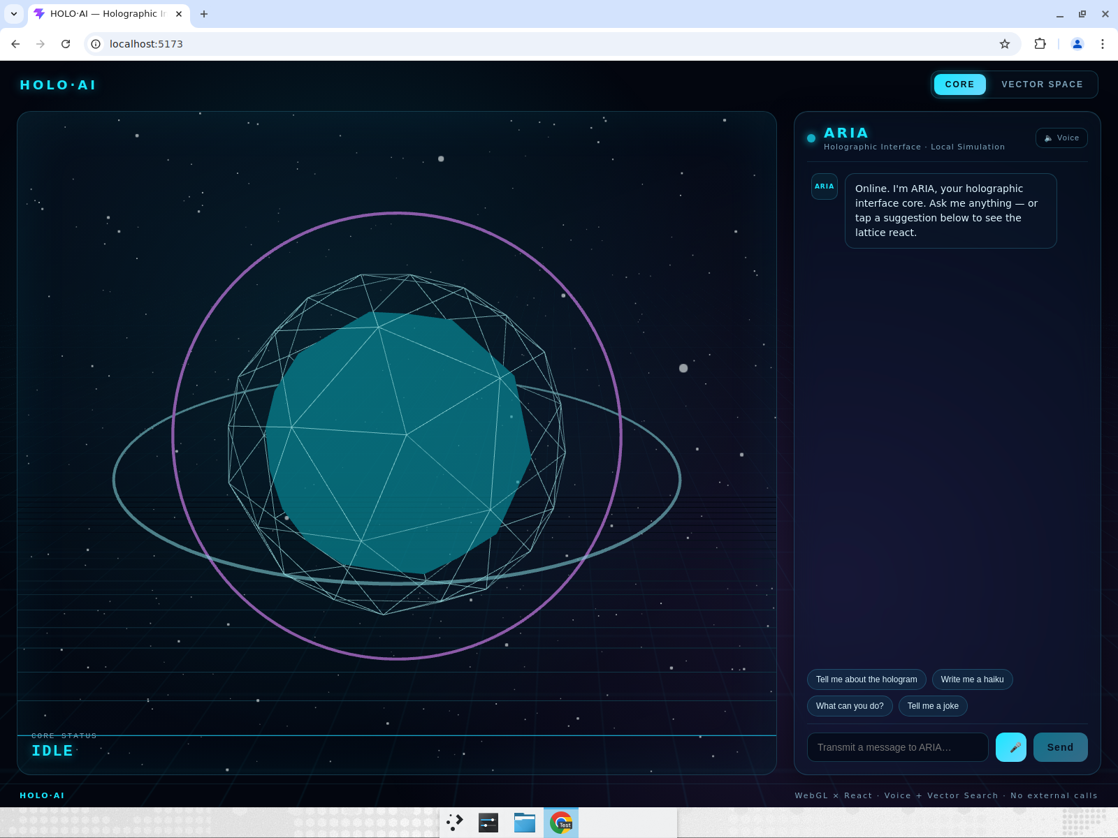 HOLO·AI Core view — holographic 3D orb with AI chat panel